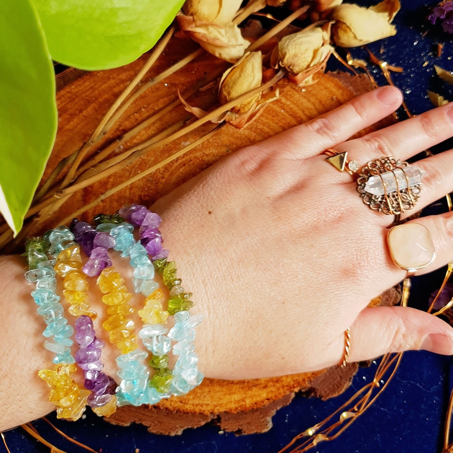 Multi Colour - Style 1 - Crystal Chip Bracelet - Gemstone - Stretchy - One Size - Jewellery - Fashion - Citrine - Topaz - Amethyst - Peridot