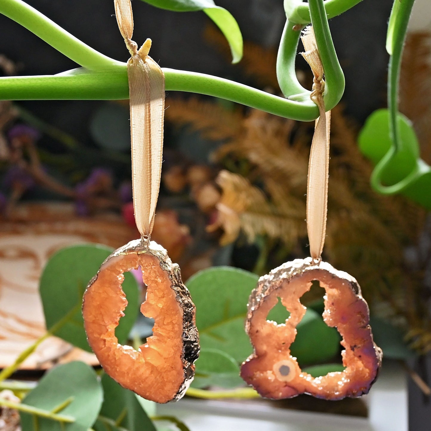 Hanging Crystal Ornaments - Peach Aura Natural Quartz Geode - Gold Edge - Set Of 5 - Luxe Decorations
