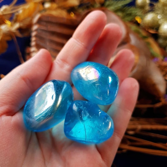 Blue Aqua Aura Quartz Tumbles - Tumbled Gemstone Stone - Crystal - Clear - Titanium - Platinum - Healing - Altar - Natural - Rainbow