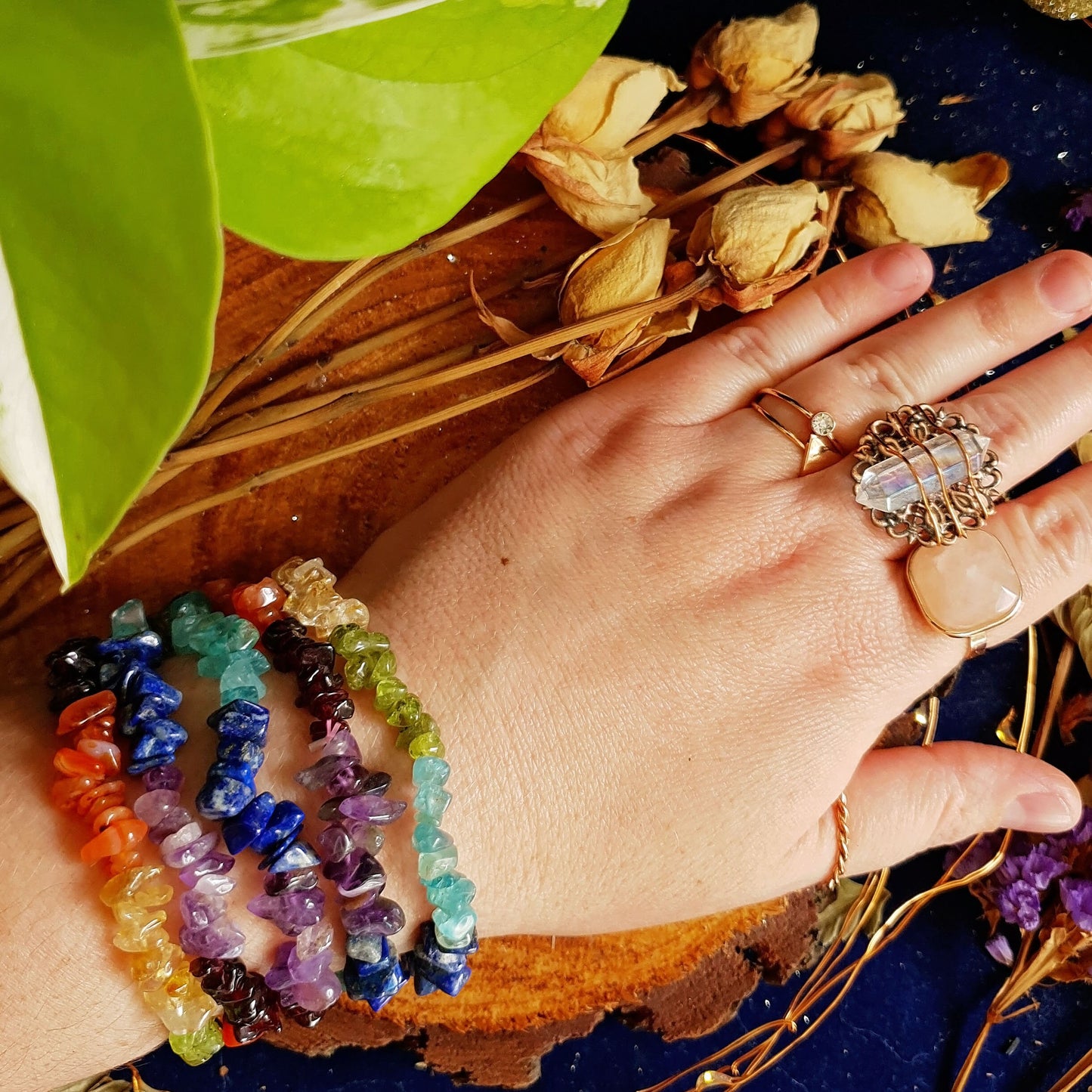 Multi Colour - Chakra - Style 3 - Crystal Chip Bracelet - Gemstone - Stretchy - One Size - Jewellery - Fashion