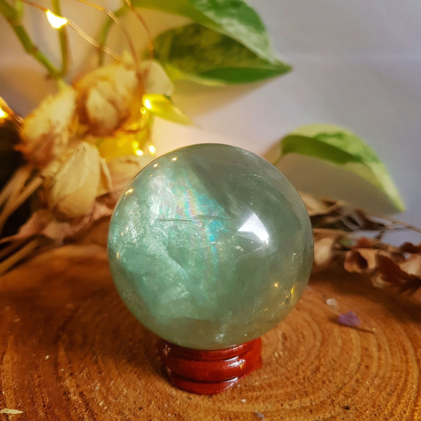 Green Fluorite Sphere - Crystal Ball - Polished - Gemstone - Natural - Raw - Wooden Stand - #2