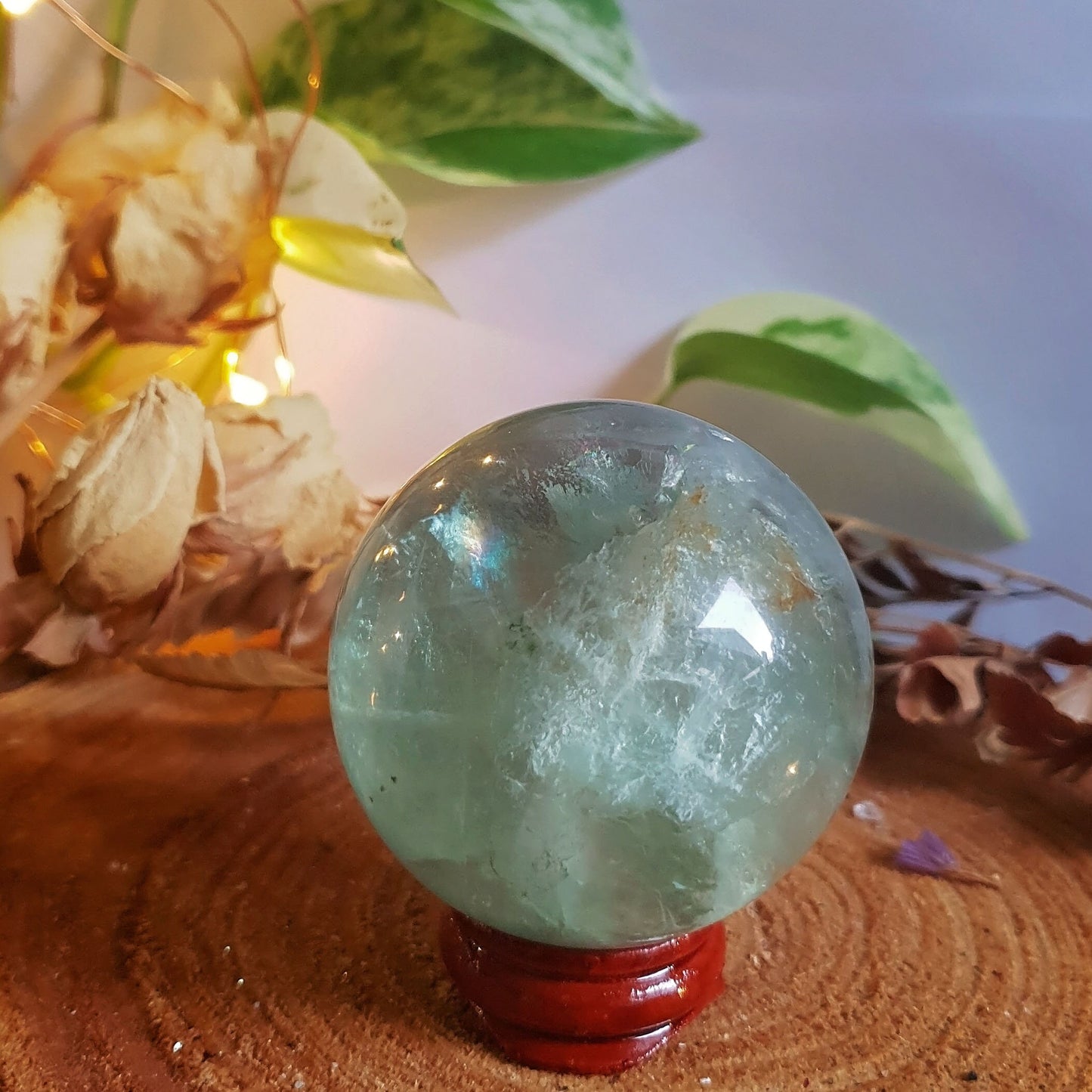 Green Fluorite Sphere - Crystal Ball - Polished - Gemstone - Natural - Raw - Wooden Stand - #2