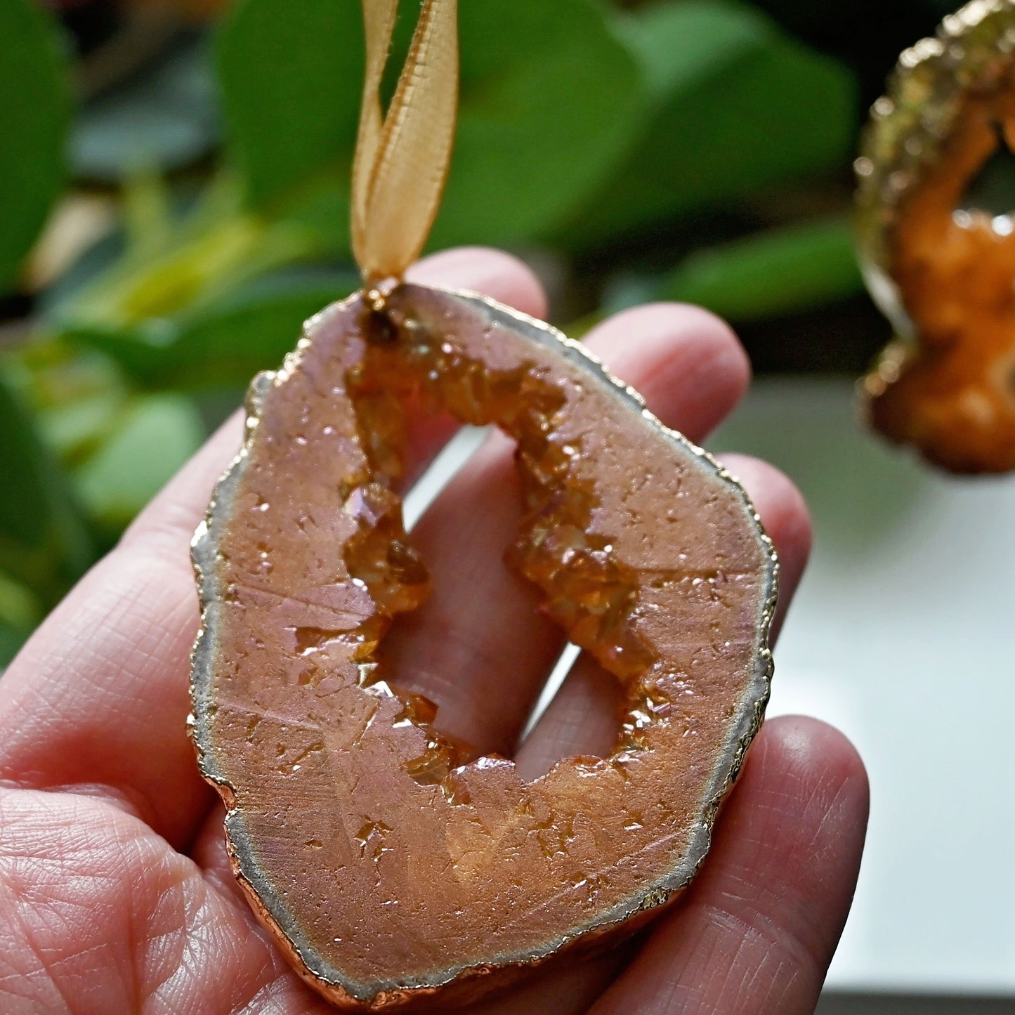 Hanging Crystal Ornaments - Peach Aura Natural Quartz Geode - Gold Edge - Set Of 5 - Luxe Decorations