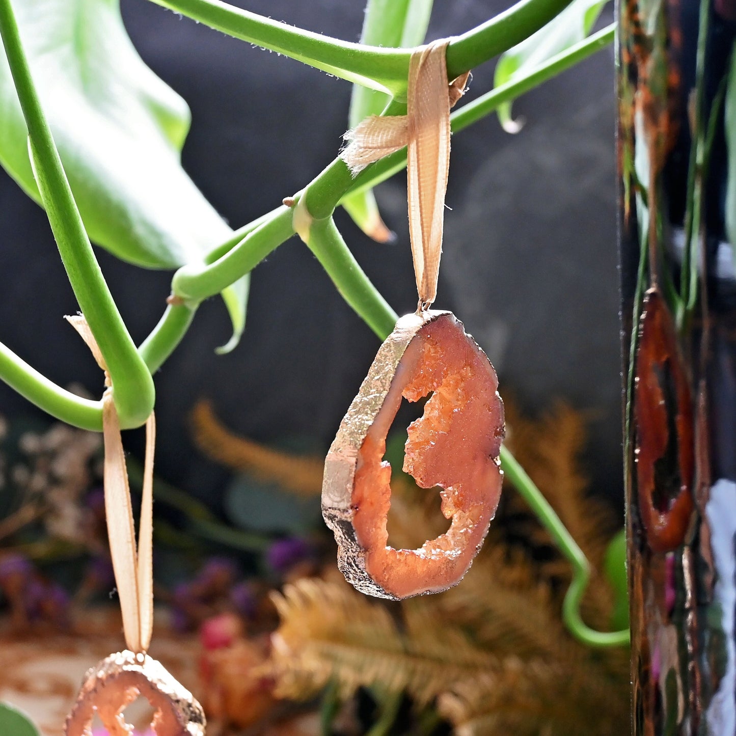 Hanging Crystal Ornaments - Peach Aura Natural Quartz Geode - Gold Edge - Set Of 5 - Luxe Decorations