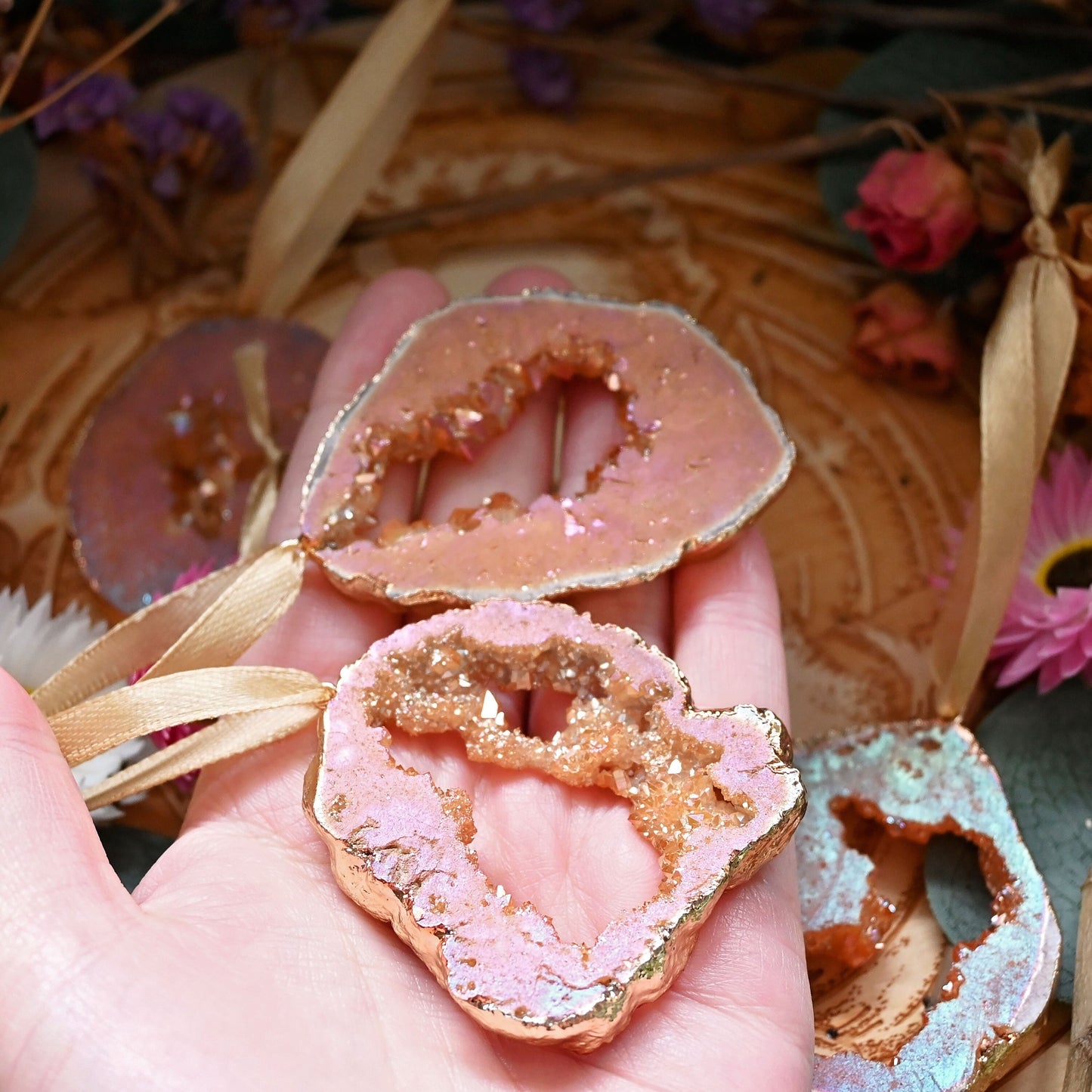 Hanging Crystal Ornaments - Peach Aura Natural Quartz Geode - Gold Edge - Set Of 5 - Luxe Decorations