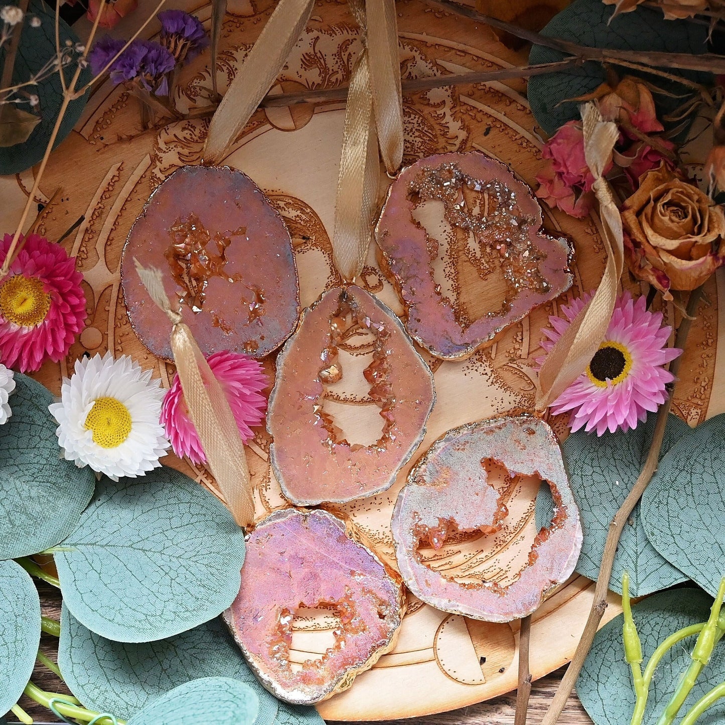 Hanging Crystal Ornaments - Peach Aura Natural Quartz Geode - Gold Edge - Set Of 5 - Luxe Decorations