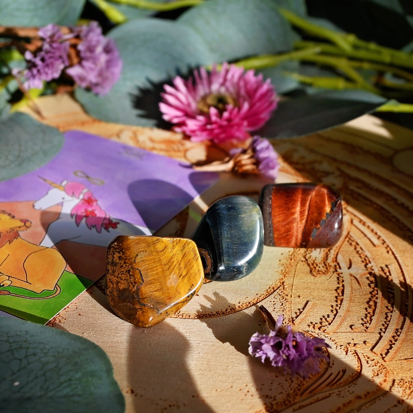 Tiger Eye Tumble Set of 3 - Red, Gold, Blue