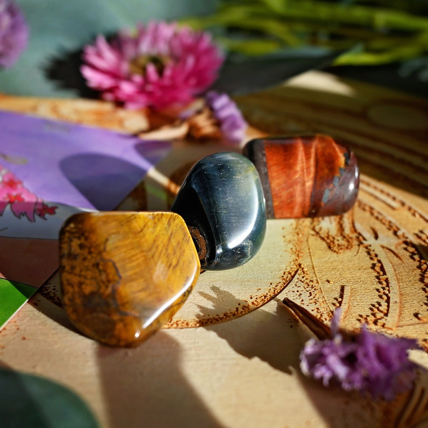 Tiger Eye Tumble Set of 3 - Red, Gold, Blue